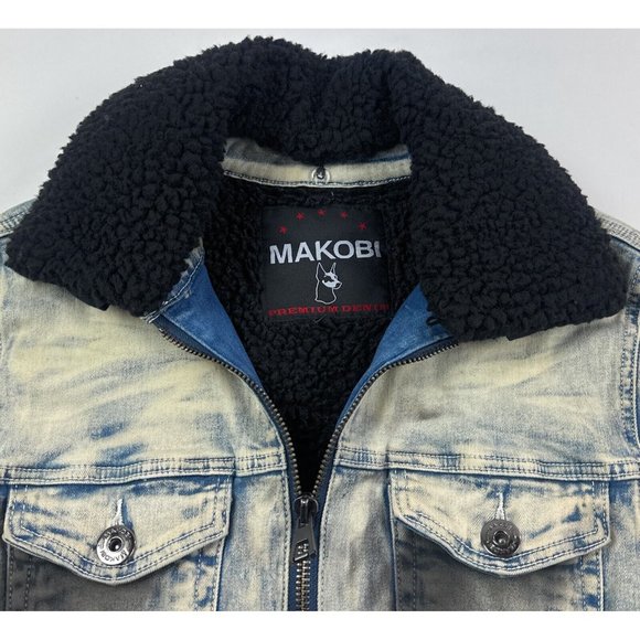 Makobi Mens Small Blue Plaid Full Zip Denim Jean Sherpa Jacket Distressed M1035 - Picture 5 of 11